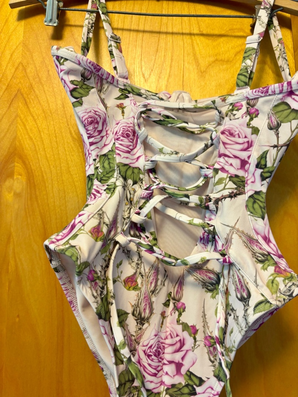 Floral Pink Rose One-Piece Swimsuit with Cutouts - Picture 5 of 12
